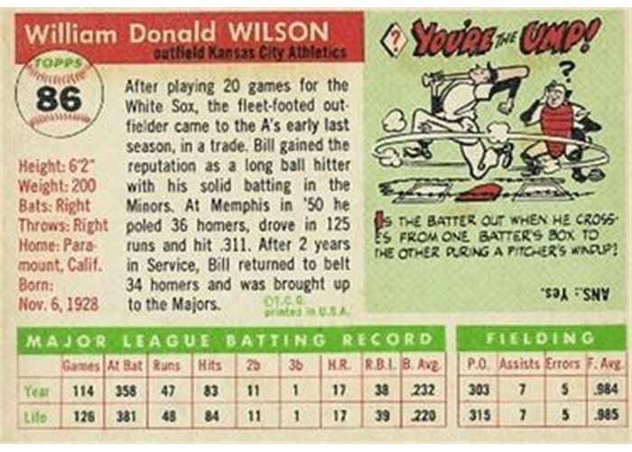 1955 Topps #86 Bill Wilson (back)