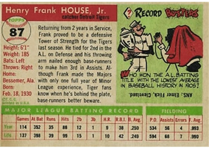1955 Topps #87 Frank House (back)