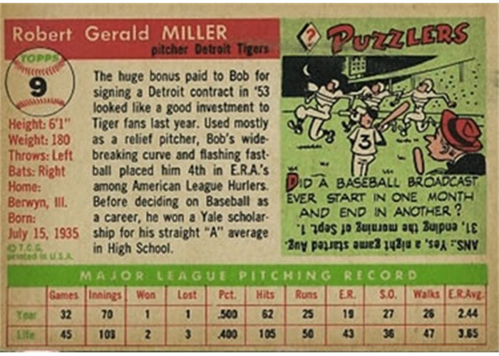 1955 Topps #9 Bob Miller (back)