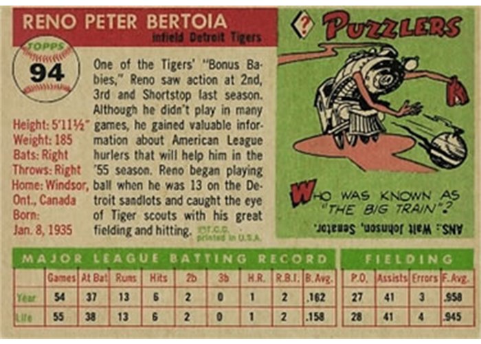 1955 Topps #94 Reno Bertoia (back)