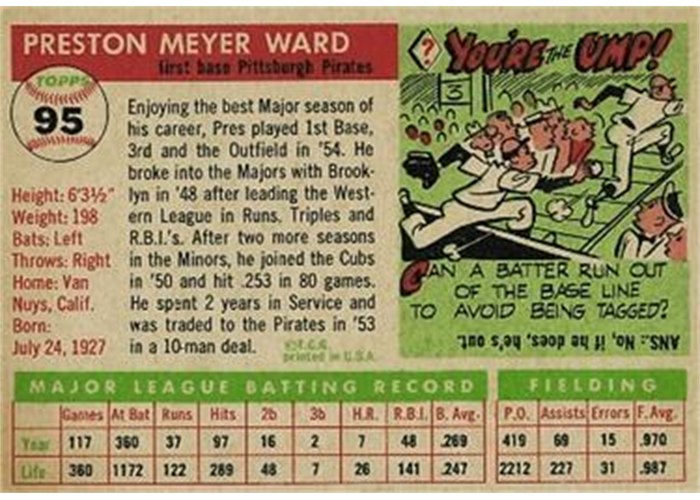 1955 Topps #95 Preston Ward (back)