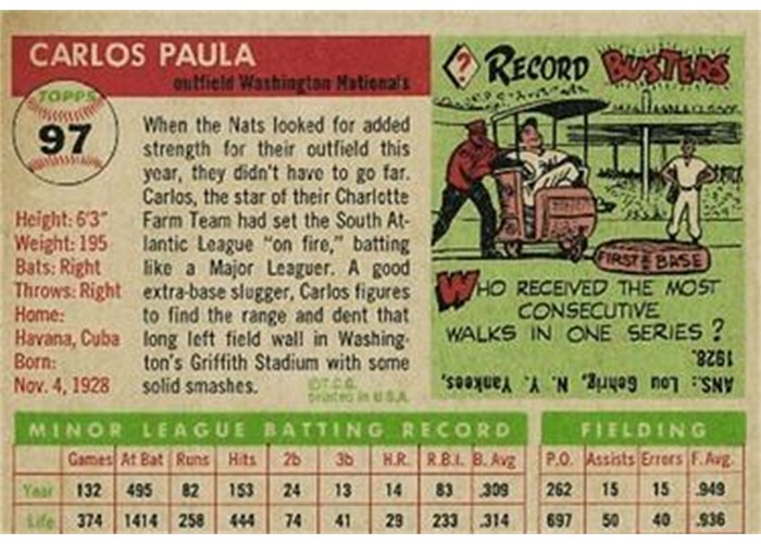 1955 Topps #97 Carlos Paula (back)