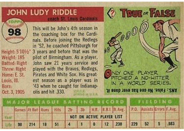 1955 Topps #98 Johnny Riddle (back)