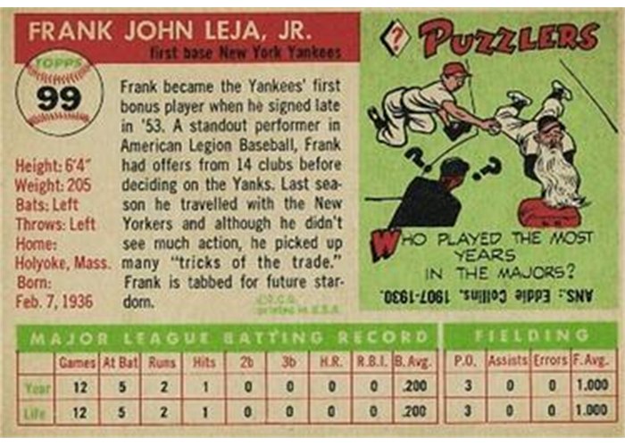 1955 Topps #99 Frank Leja (back)