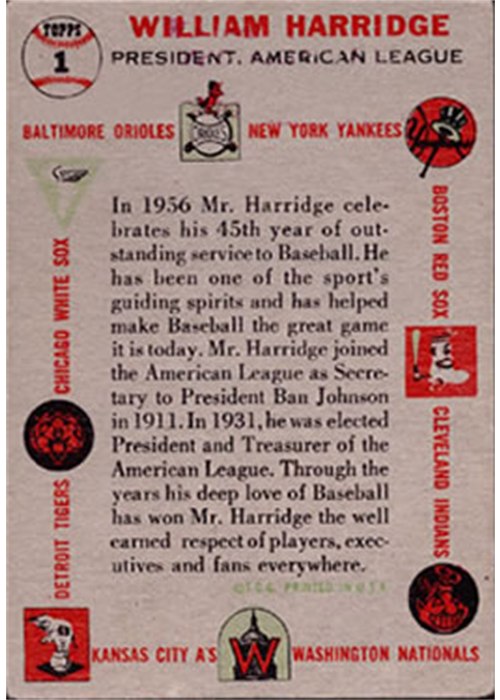 1956 Topps #1 Will Harridge (back)