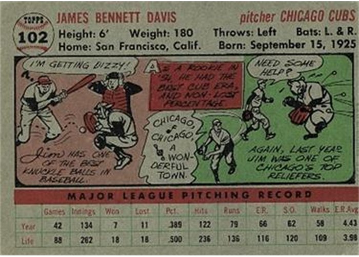 1956 Topps #102 Jim Davis (back)