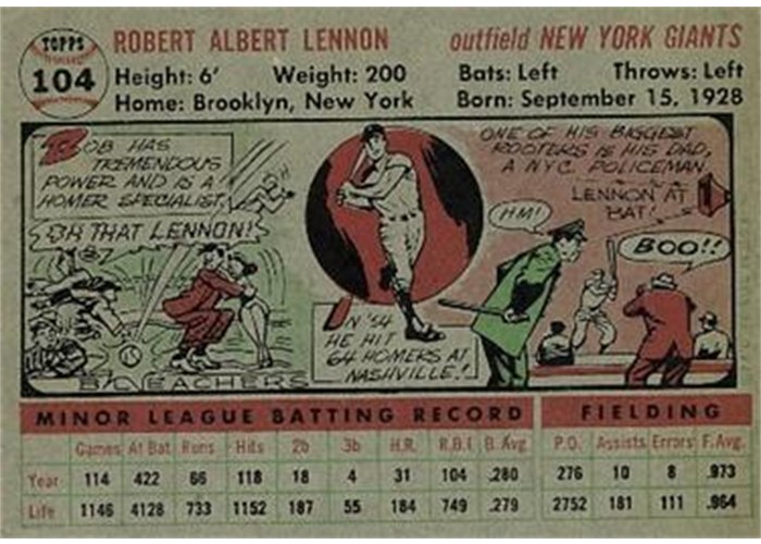 1956 Topps #104 Bob Lennon (back)