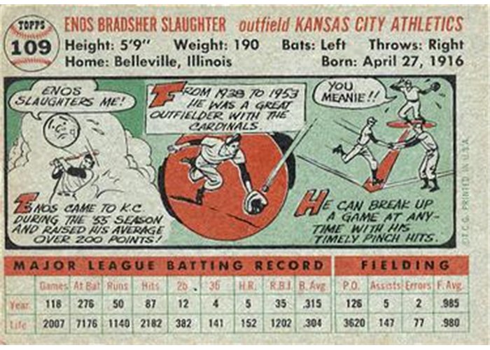1956 Topps #109 Enos Slaughter (back)