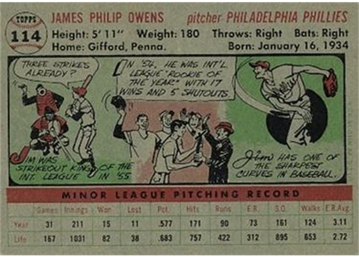 1956 Topps #114 Jim Owens (back)