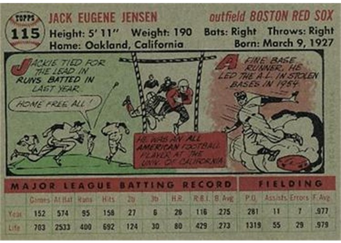 1956 Topps #115 Jackie Jensen (back)
