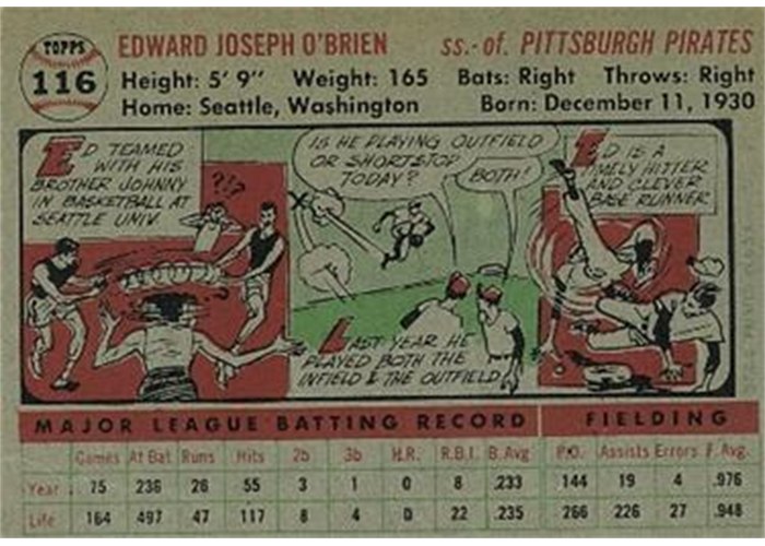 1956 Topps #116 Eddie O'Brien (back)