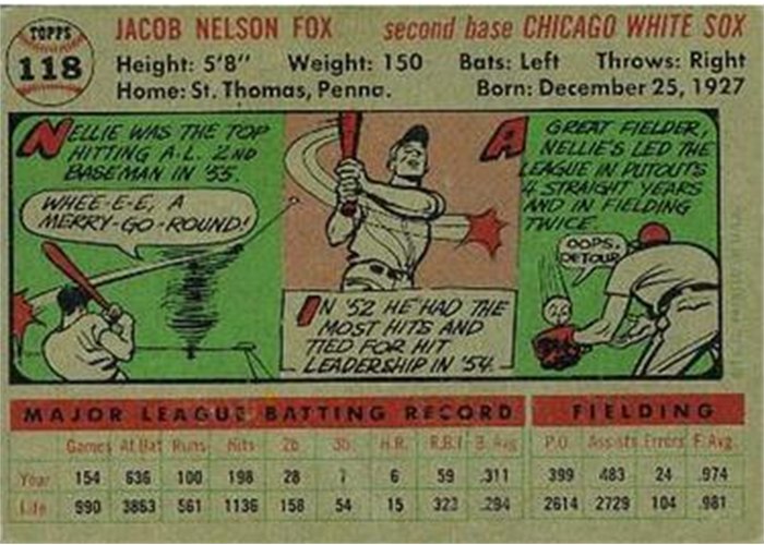 1956 Topps #118 Nellie Fox (back)