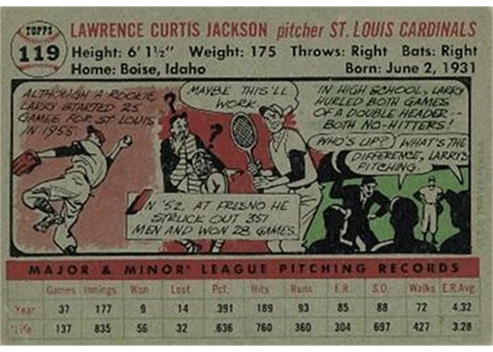 1956 Topps #119 Larry Jackson (back)