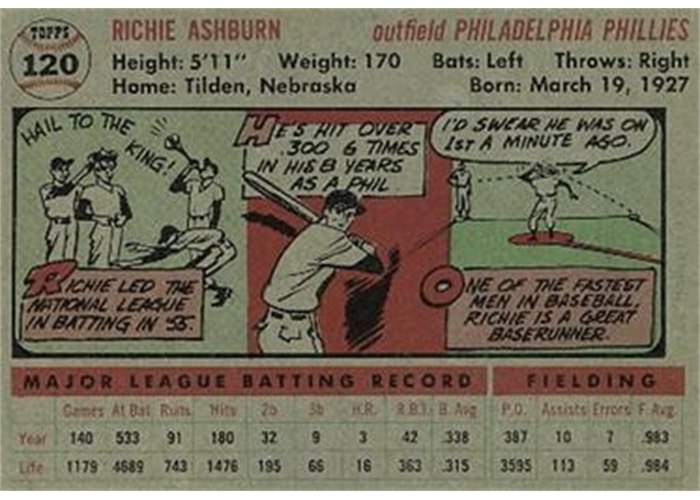 1956 Topps #120 Richie Ashburn (back)