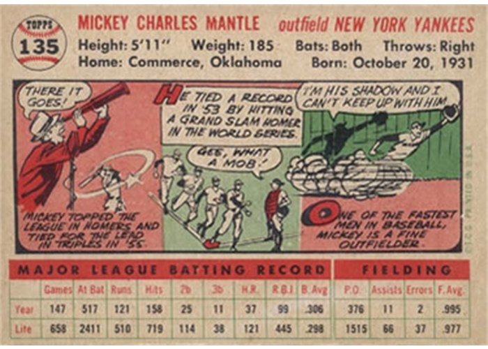 1956 Topps #135 Mickey Mantle (back)