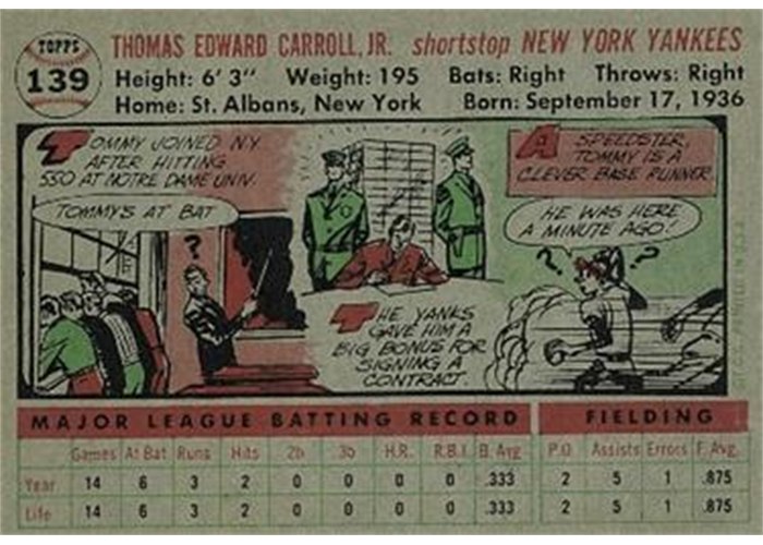 1956 Topps #139 Tommy Carroll (back)