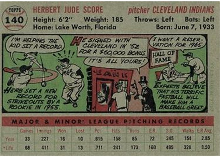 1956 Topps #140 Herb Score (back)