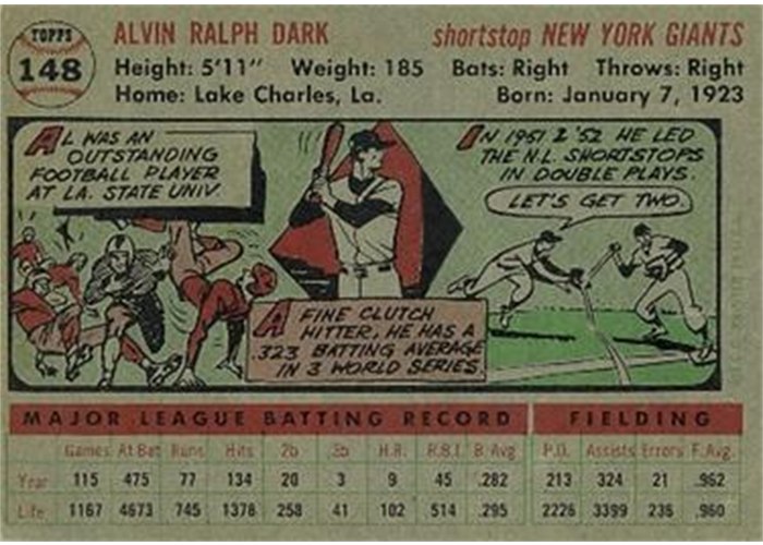 1956 Topps #148 Alvin Dark (back)