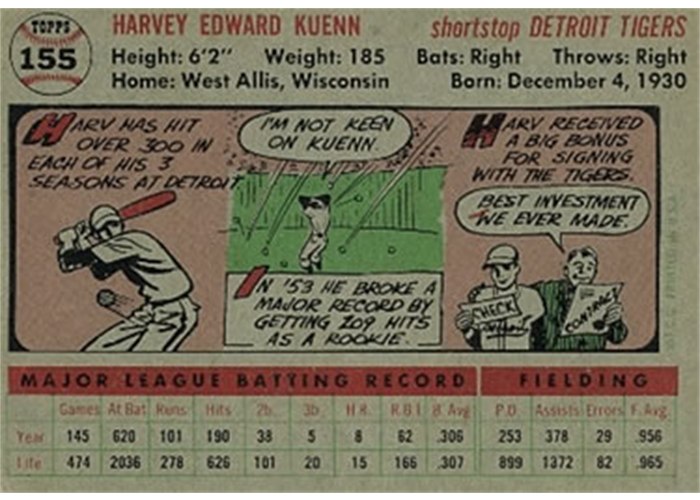 1956 Topps #155 Harvey Kuenn (back)