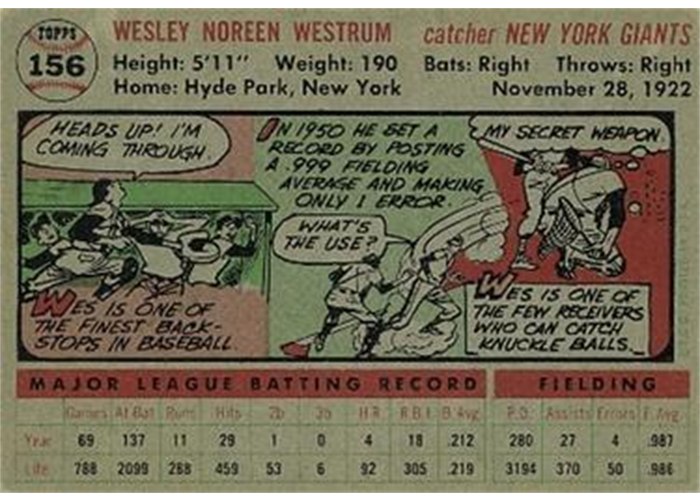 1956 Topps #156 Wes Westrum (back)