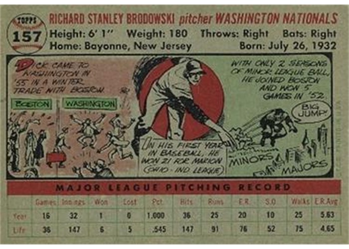 1956 Topps #157 Dick Brodowski (back)