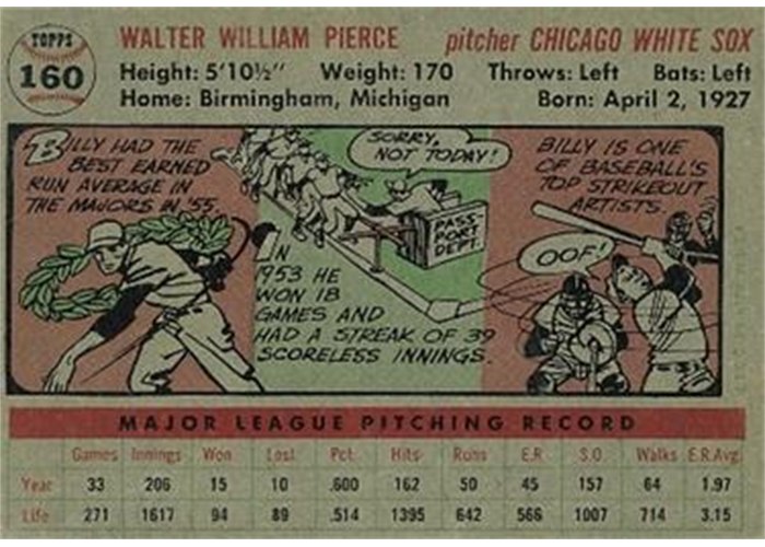 1956 Topps #160 Billy Pierce (back)