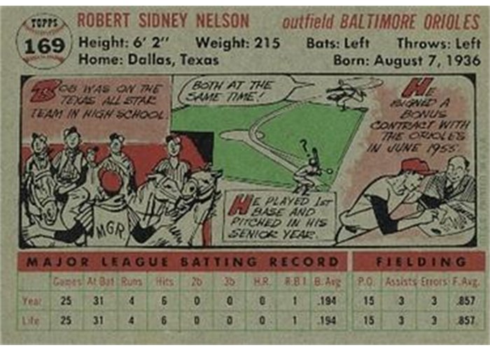 1956 Topps #169 Bob Nelson (back)