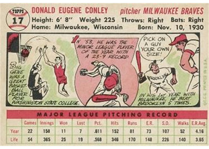 1956 Topps #17 Gene Conley (back)
