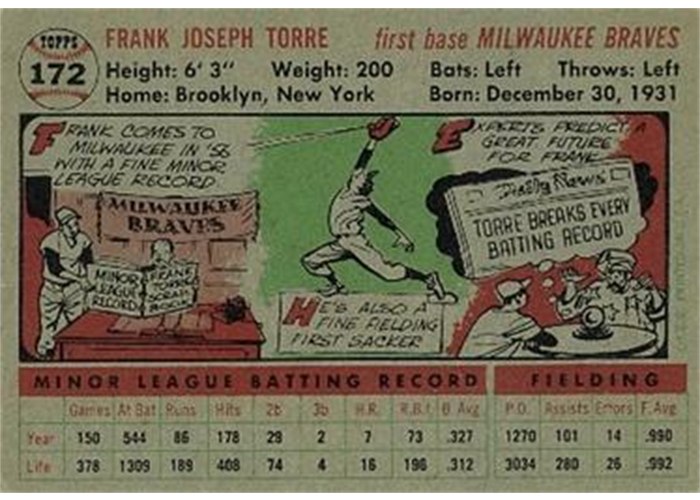 1956 Topps #172 Frank Torre (back)