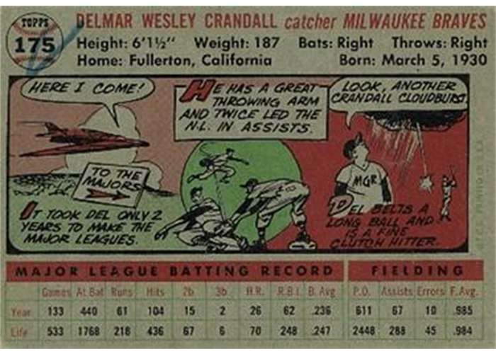 1956 Topps #175 Del Crandall (back)