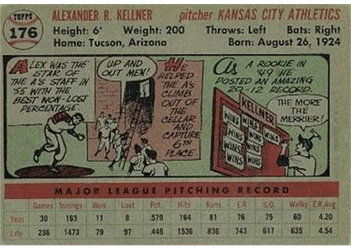 1956 Topps #176 Alex Kellner (back)