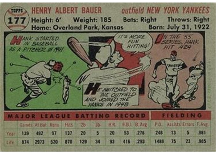 1956 Topps #177 Hank Bauer (back)