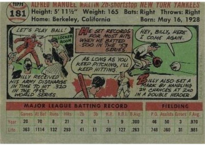 1956 Topps #181 Billy Martin (back)