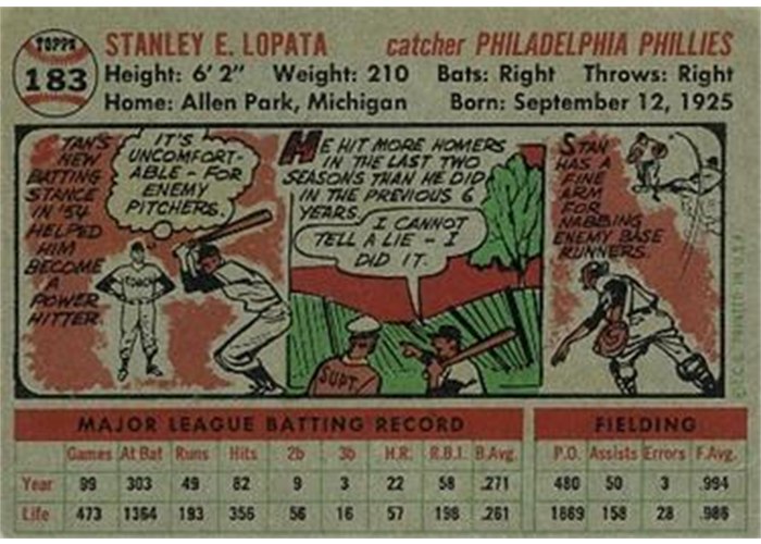 1956 Topps #183 Stan Lopata (back)