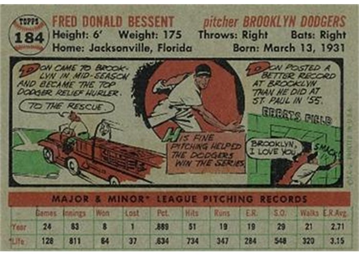 1956 Topps #184 Don Bessent (back)