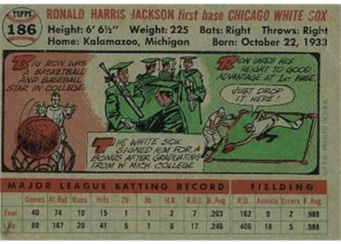 1956 Topps #186 Ron Jackson (back)
