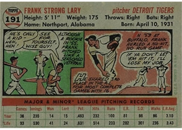 1956 Topps #191 Frank Lary (back)
