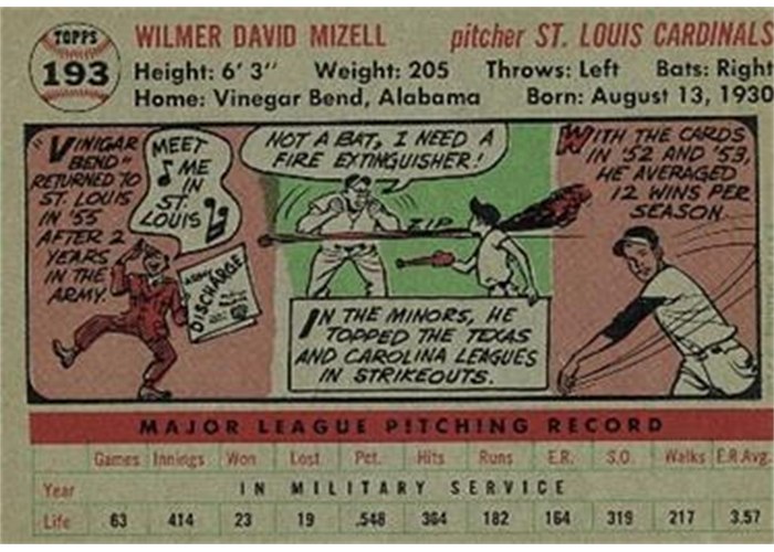 1956 Topps #193 Vinegar Bend Mizell (back)