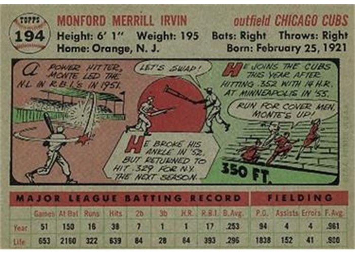 1956 Topps #194 Monte Irvin (back)