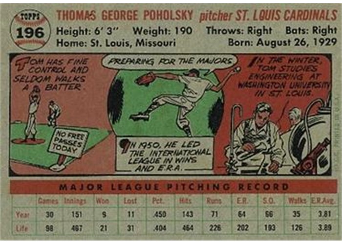 1956 Topps #196 Tom Poholsky (back)