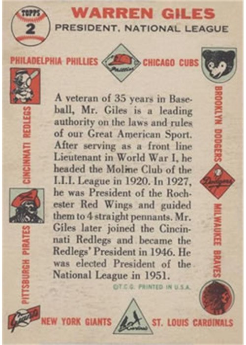 1956 Topps #2 Warren Giles (back)