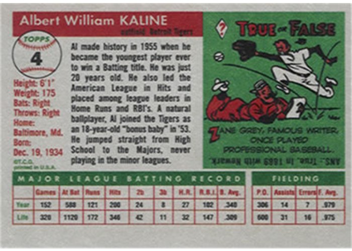 1956 Topps #20 Al Kaline (back)