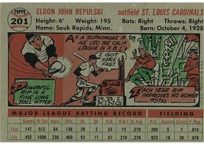 1956 Topps #201 Rip Repulski (back)