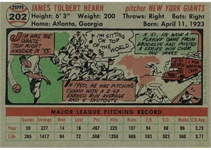 1956 Topps #202 Jim Hearn (back)