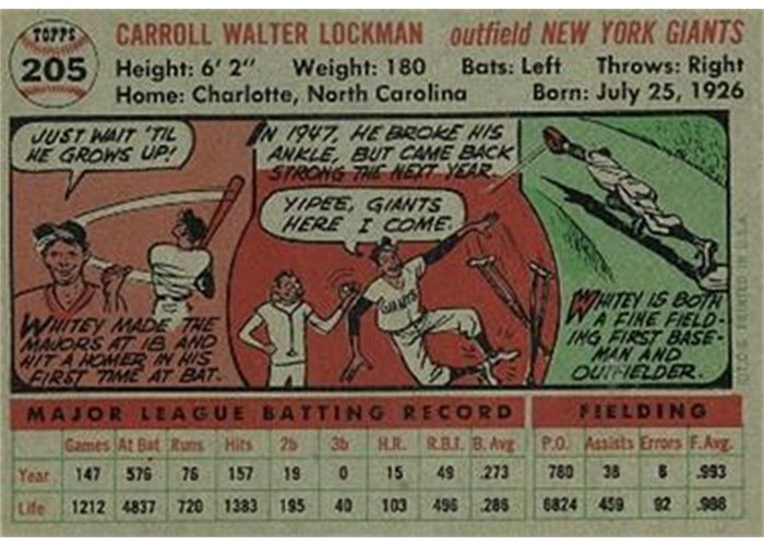 1956 Topps #205 Whitey Lockman (back)