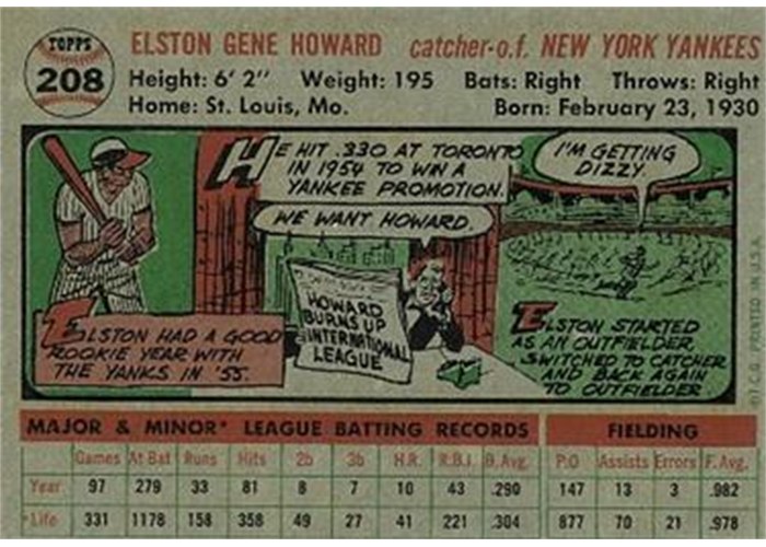 1956 Topps #208 Elston Howard (back)