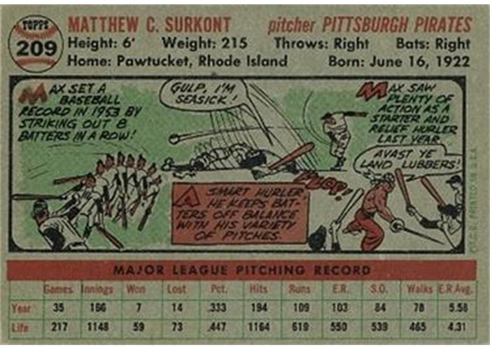 1956 Topps #209 Max Surkont (back)