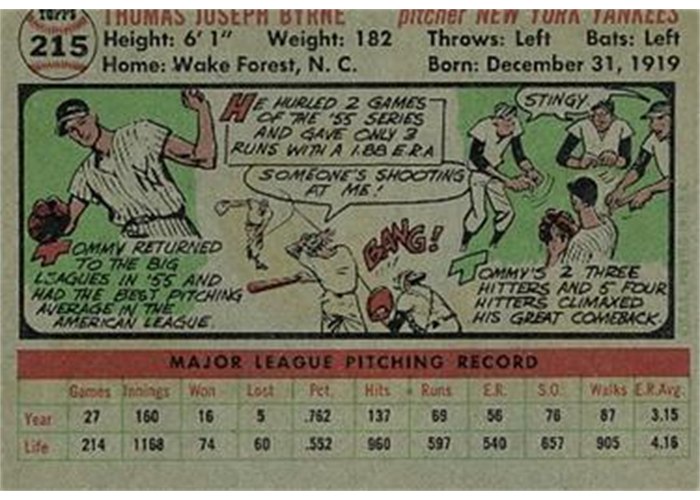 1956 Topps #215 Tommy Byrne (back)