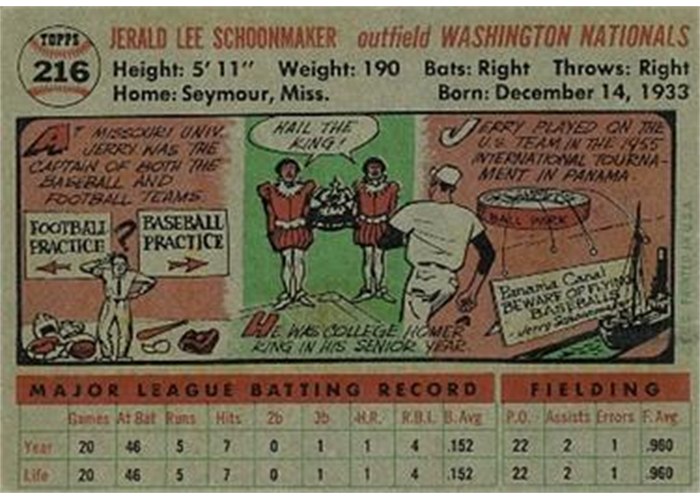 1956 Topps #216 Jerry Schoonmaker (back)