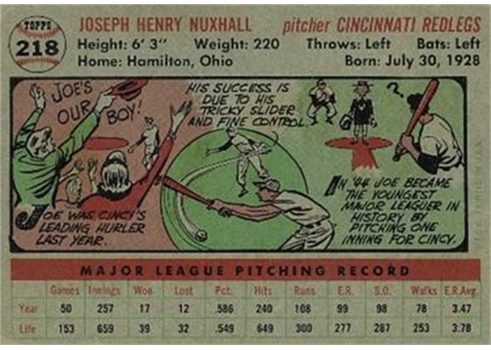 1956 Topps #218 Joe Nuxhall (back)